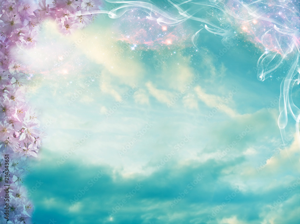 mystical mystic divine angelic background with pink flowers and stars, sky and clouds  - obrazy, fototapety, plakaty 