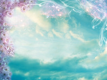 Mystical Mystic Divine Angelic Background With Pink Flowers And Stars, Sky And Clouds 