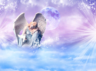 Wall Mural - angel archangel gabriel, haniel, ariel with mystical sky, rays of light with bird dove of peace and 