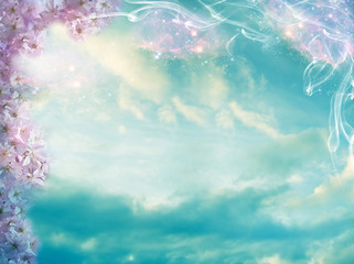 Wall Mural - mystical mystic divine angelic background with pink flowers and stars, sky and clouds