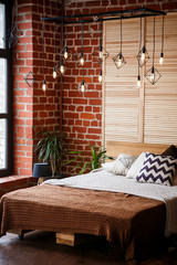 Wall Mural - Simple bedroom with double bed, red brick wall and big window