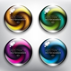 Wall Mural - Abstract vector glass banners set of 4.  Colorful glass spheres with yellow, green, blue and violet swirl design. Isolated on the white background. Vector illustration. Eps10.