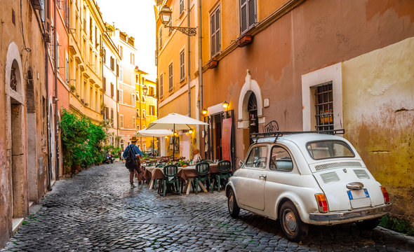 cozy street in trastevere, rome, europe. trastevere is a romantic district of rome, along the tiber 