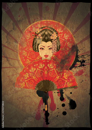 Fotomural Grunge Poster with Geisha, digitally created illustration, no reference