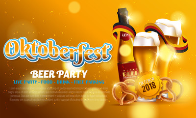 Wall Mural - Advertising of the traditional Oktoberfest beer festival with a glass of beer and pretzels