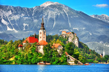  Bled Lake,island With Pilgrimage Church Of The Assumption Of Maria And The Famous Old Castle On The Cliff.Bled Lake Slovenia,Europe 
