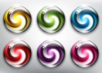 Wall Mural - Abstract vector glossy web buttons set of 6. Colorful web buttons with swirl design. Isolated on the white background. Vector illustration. Eps10.