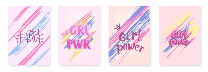 Wall Mural - Set of Girl power lettering vertical cards. Vector illustration.