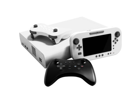Modern game console white with two dzhostikami and portable game console 3d render on white background no shadow