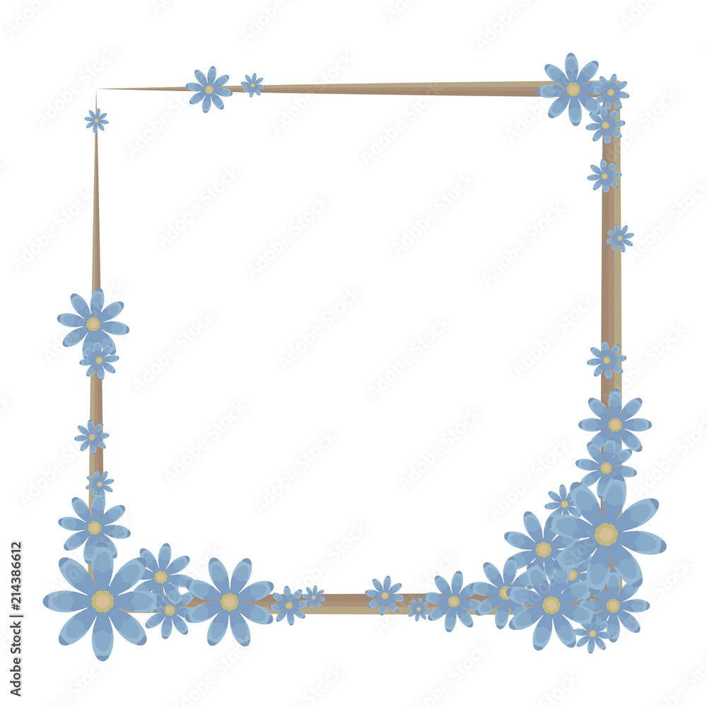 A square frame of a brown outline decorated with a composition of blue flowers with yellow middle vector object isolated on white background.