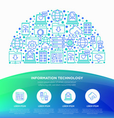 Wall Mural - information technology in half circle thin line icons: social network, system backup, search, lan ne