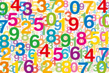 Wall Mural - colored numbers on white background. randomly distributed overlapping numerals. symbol for numerolog