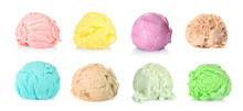Ice Cream Scoops Of Different Flavors On White Background