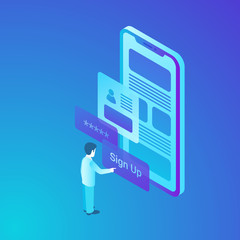 isometric man access to app smartphone security data vector