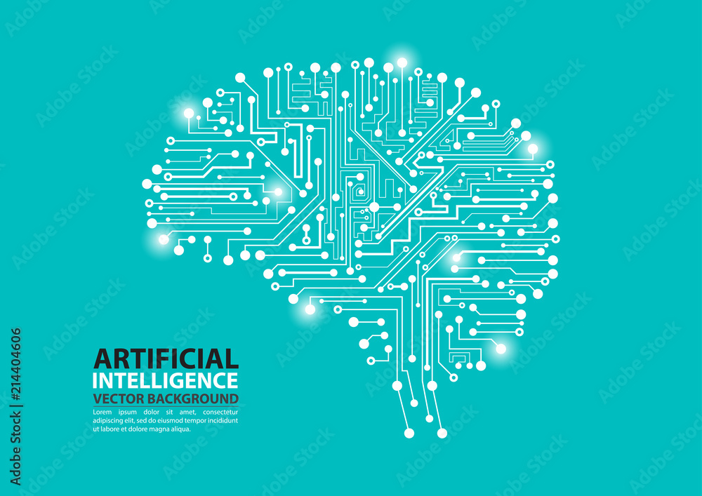 Artificial Intelligence brain illustration with data glow transferring ...
