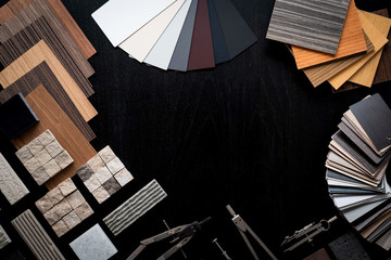 creativity house design ideas concept with sample of material venner wood stone sample on black wood floor