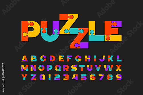 Cuadros en Lienzo Puzzle font, colorful jigsaw puzzle alphabet letters and numbers