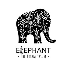 Cute Elephant With Ornate Floral Ornament. Vector