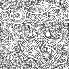 Ethnic seamless pattern with mandalas, flowers and leaves. Doodles floral black and white ornament. Perfect for wallpaper, adult coloring books, web page background, surface textures.
