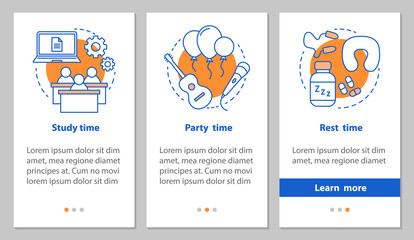 Study, party and rest time onboarding mobile app page screen wit