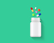 Colorful pills, tablets and capsules spilling out of blank white pill bottle on green background. Pharmaceutical medicine and medical treatment concept. Realistic vector illustration.