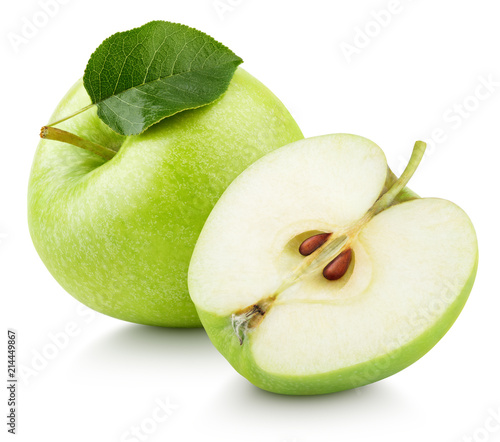 Plakat Jabłko  dojrzale-jablko-zielone-owoce-z-pol-jablka-i-zielony-lisc-na-bialym-tle-jablka
