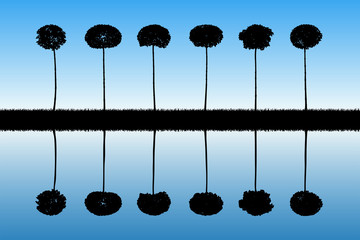 Sticker - Landscape with decorative trees. Vector illustration with isolated silhouettes of maples reflected in water. Blue pastel background
