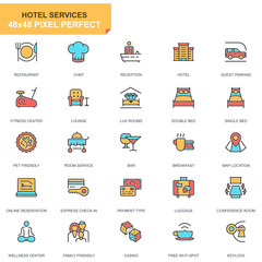 Poster - Flat line hotel services icons set for website and mobile site and apps. Contains such Icons as Restaurant, Room Services, Reception. 48x48 Pixel Perfect. Pictogram pack. Vector illustration.
