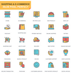 Poster - Flat line shopping and e-commerce icons set for website and mobile site and apps. Contains such Icons as Payment Method, Store, Commerce. 48x48 Pixel Perfect. Pictogram pack. Vector illustration.