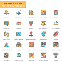 Poster - Flat line education and knowledge icons set for website and mobile site and apps. Contains such Icons as Course, University, Studying, Book. 48x48 Pixel Perfect. Pictogram pack. Vector illustration.