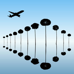 Sticker - Landscape with decorative trees and flying aircraft. Vector illustration with isolated silhouettes of maples reflected in water. Blue pastel background