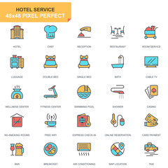 Poster - Flat line hotel services icons set for website and mobile site and apps. Contains such Icons as Luggage, Reception, Services, Fitness Center. 48x48 Pixel Perfect. Pictogram pack. Vector illustration.