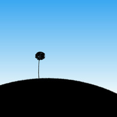 Sticker - Landscape with lonely tree. Vector illustration with isolated silhouette of maple growing on hill. Blue pastel background