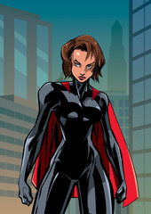 Poster - Illustration of powerful superheroine posing on city background.