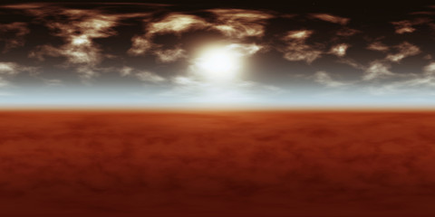 Wall Mural - high resolution environmental 360 degree HDRI map, spherical panorama, 3d illustration background, 8k, for equirectangular projection (dark sky with sun, white clouds and stars over red planet)