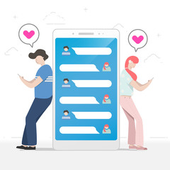 Wall Mural - young couple messaging on smartphone. cartoon illustration