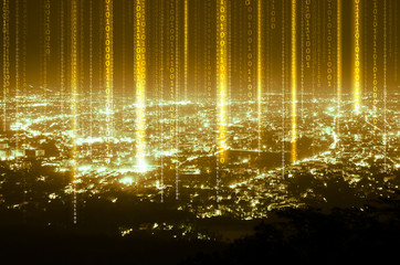 Leinwandbilder - abstract data digital line connection on night city background , gold tone