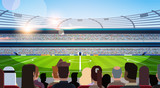 Fototapeta Sport - empty football stadium field silhouettes of fans waiting match rear view flat horizontal vector illustration