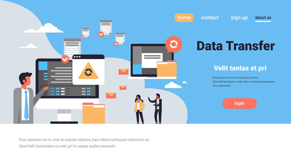 people working data transfer synchronization computer connection database access transformation technology horizontal copy space vector illustration