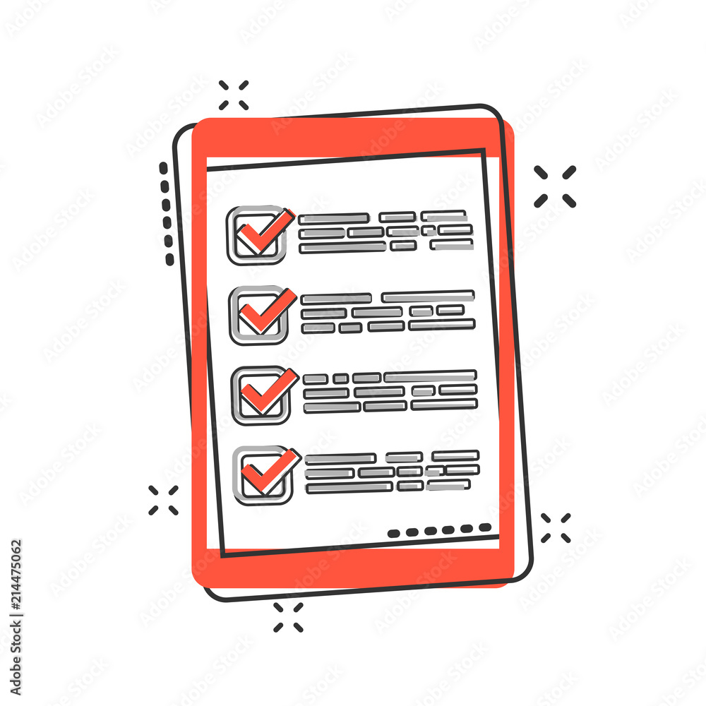 Vector cartoon checklist with tablet icon in comic style. Checklist ...