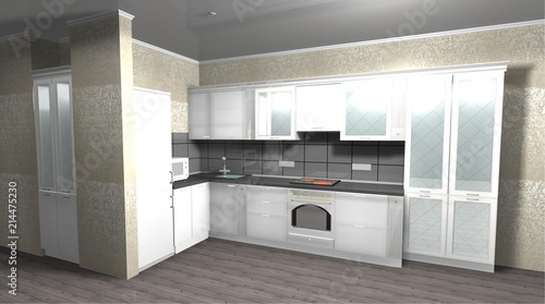 White Kitchen In Neoclassical Style 3d Rendering Interior