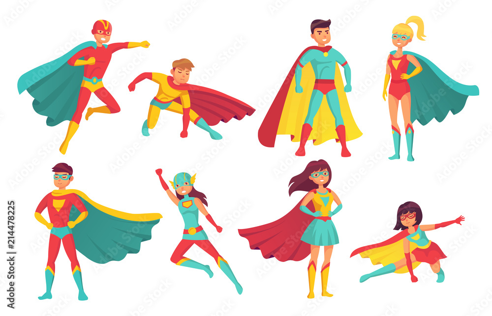 Cartoon superhero characters. Female and male flying superheroes with superpowers. Brave superman and superwoman isolated vector set - obrazy, fototapety, plakaty 