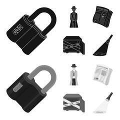 Coded lock, the appearance of the detective, a newspaper with criminal news, a hacked safe. Crime and detective set collection icons in black,monochrom style vector symbol stock illustration web.