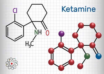 Sticker - Ketamine molecule. It is used for anesthesia in medicine. Structural chemical formula and molecule model. Sheet of paper in a cage