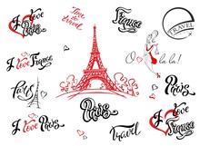 Paris. France. Set Of Elements For Design. Eiffel Tower Sketch. Inspiring Lettering. Label Templates. Girl Model.Vector.