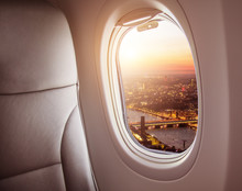 Airplane Interior With Window View Of London City, Europe.