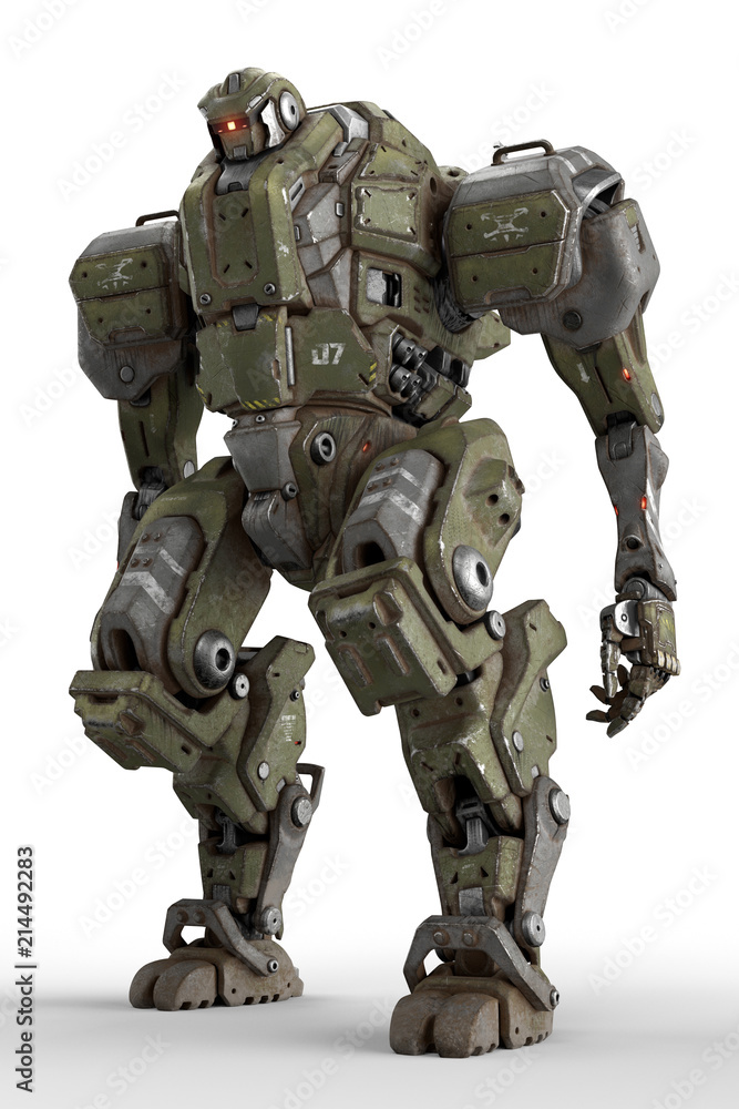 Sci-fi mech soldier standing on a white background. Military futuristic robot with a green and gray color metal. Mech controlled by a pilot. Scratched metal armor robot. Mech Battle. 3D rendering. - obrazy, fototapety, plakaty 
