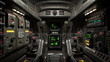 © roman3d - Inside view of the sci-fi cabin of the pilot. Front detailed view of the control sticks and futuristic display panel. Sci-fi space fighter craft cockpit. Scratched metal control panel. 3d rendering.