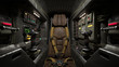 Science fiction pilot's seat in the cockpit. Futuristic spaceship cockpit. Old brown leather pilot seat with yellow safety belts. Sci-fi space fighter craft cockpit. Mech Pilot's seat. 3d rendering.