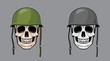 skull in army helmet, colorful and greyscale